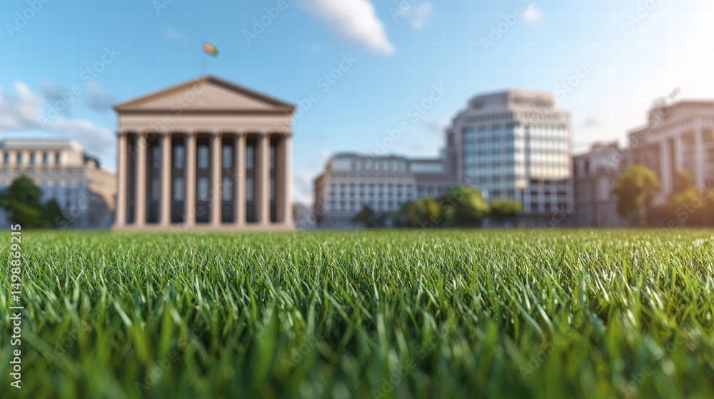 Poster lush green grass in front of a modern building creating a contrast between nature and architecture