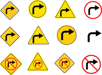 Turn Right and no turn right sign set. Arrow Sign Direction Icon. Road sign indicates. redo process. road signpost symbol