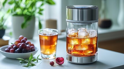 Iced tea in glass, and ice dispenser