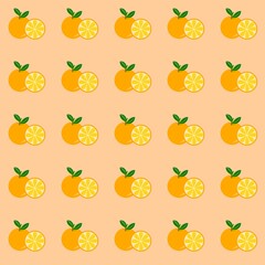 Seamless pattern of whole oranges, orange slices, green leaves. The design is cheerful, fresh, and perfect for summer-themed projects or textile prints