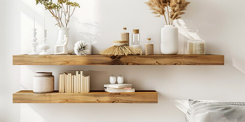 Wooden Shelves Adorned with Decorative Vases, Curated Books, and Dried Plants Against a Crisp White Wall

