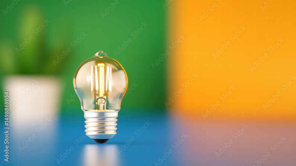 Poster vintage light bulb placed on a simple table illuminating the space with a soft and warm glow