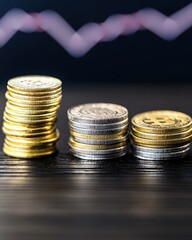 Close-up view of a neatly arranged stack of shiny coins on a smooth surface representing wealth