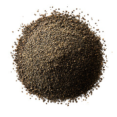 Pile of ground black pepper, fine powder texture, soft shadows to enhance the depth, transparent background.