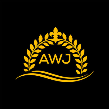 AWJ Letter Logo. Luxury Laurel Wreath Logo with AWJ Letters on Black Background.
