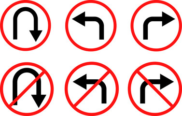 turn Right, Left, U sign set. no turn right, left, u turn signs. driving navigation icon. traffic direction and Road safety. warning road sign
