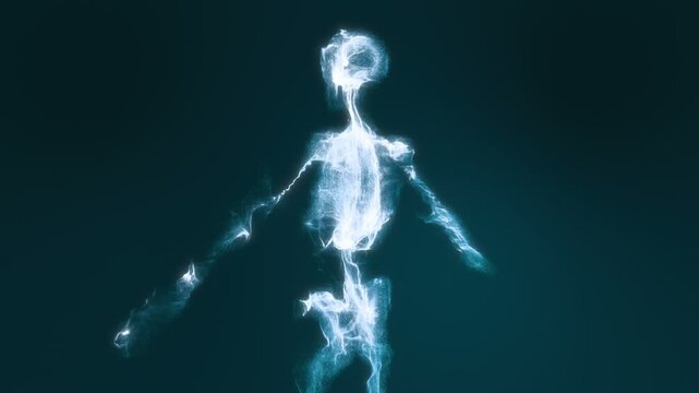Concept animation of a bone scan, a test that uses nuclear imaging to find the source of skeletal pain. The skeleton is made of radioactive particles