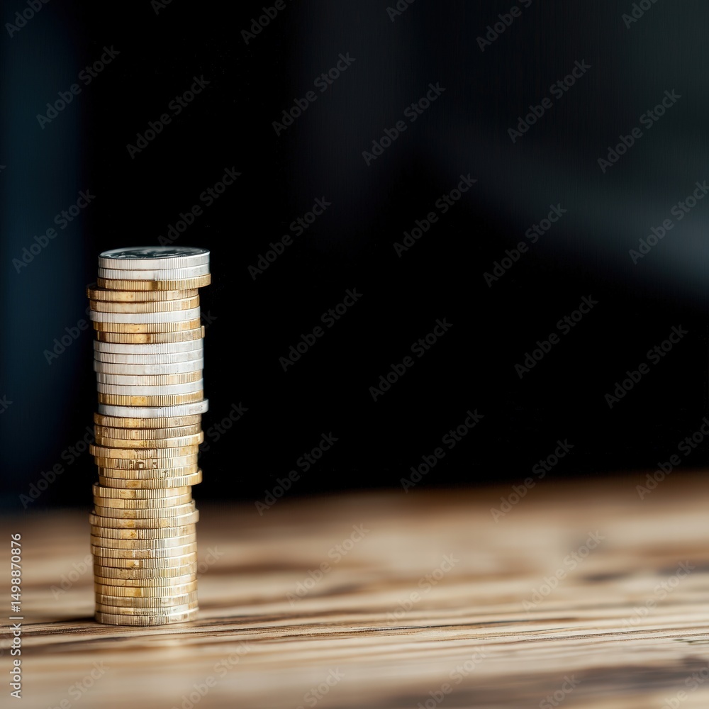 Poster a pile of coins neatly stacked together displaying various denominations on a flat surface