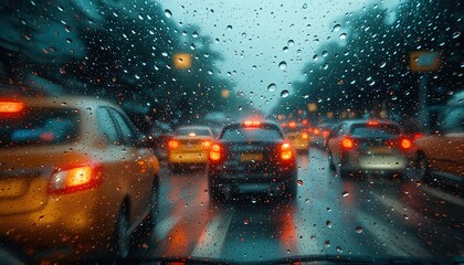 Rainy city traffic seen through a wet windshield.