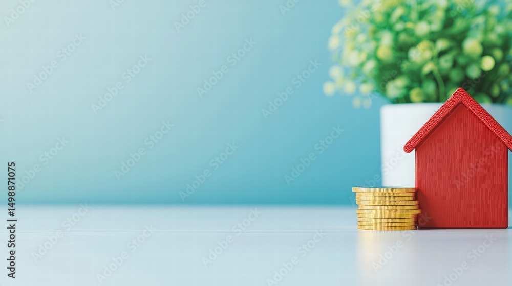 Poster a cozy house with a stack of coins emphasizing the connection between home and financial security