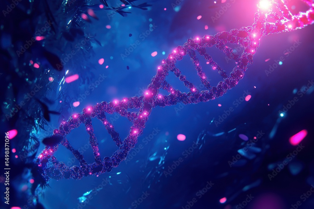 Poster exploring the intricate beauty of a dna double helix illuminated in vibrant colors against a mystica