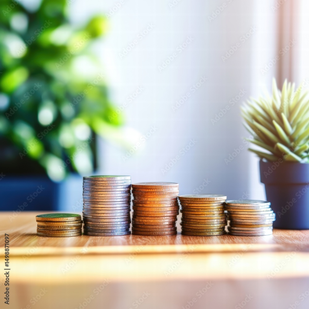 Poster a neat stack of coins on a table representing personal finance and the importance of saving money