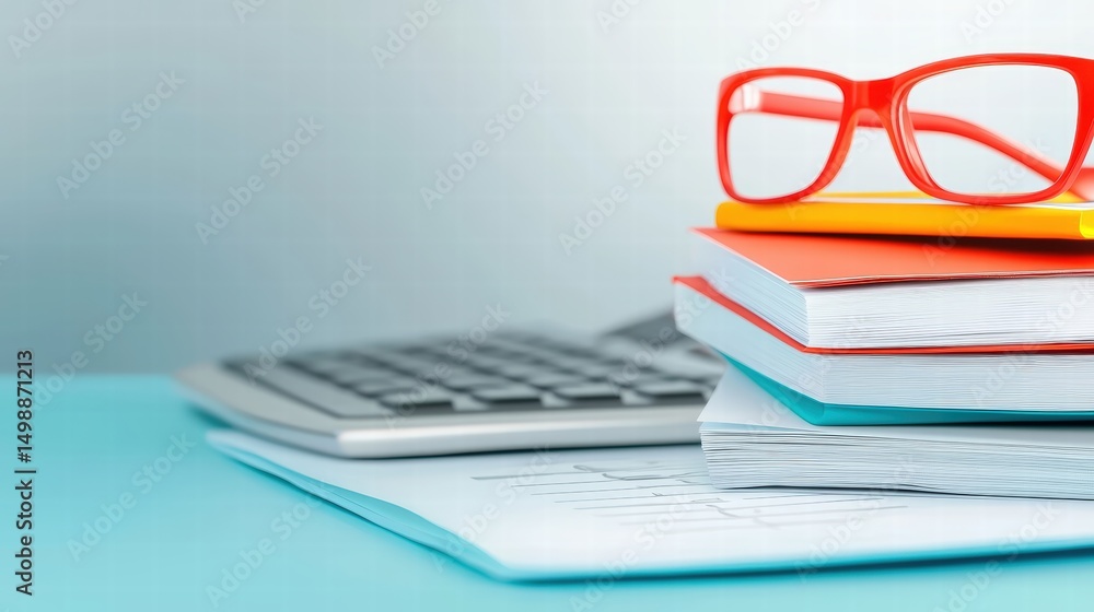 Poster a stack of colorful books alongside a pair of glasses on a table symbolizing knowledge and learning