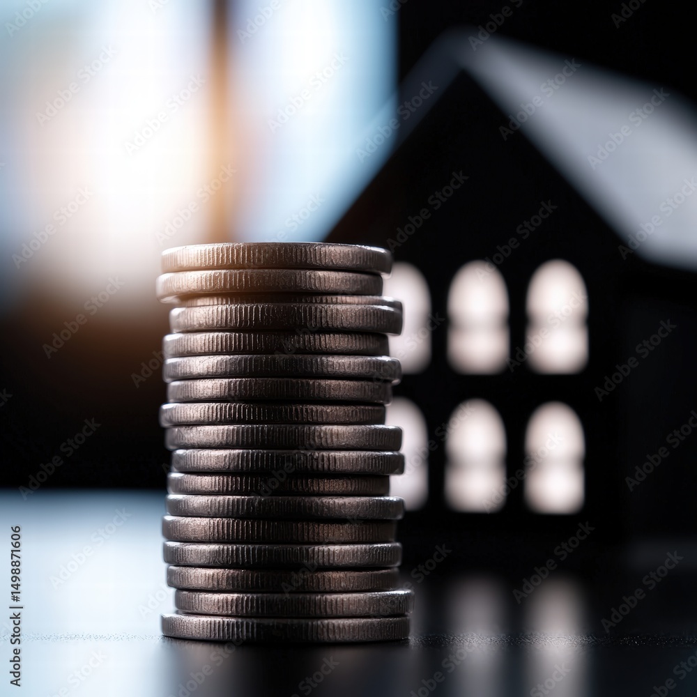 Aufkleber close-up view of a stack of coins arranged neatly on a wooden surface with a soft focus background