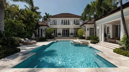 Fototapeta premium A luxury estate features a spacious home with a pristine pool surrounded by elegant landscaping. 