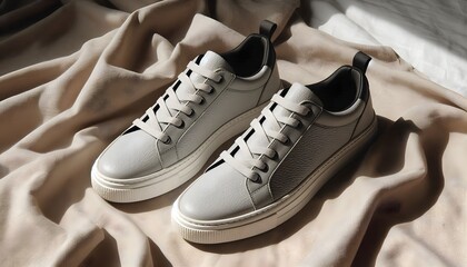 Vegan leather sneaker with sleek monochrome design and recycled rubber sole placed on natural linen fabric under soft daylight showcasing unbranded minimalist lifestyle product