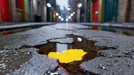 Detailed Macro Shot of Urban Street Puddle Reflecting Warm City