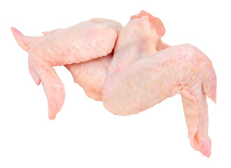 Group of fresh raw prepared skin on chicken wings isolated on a white background
