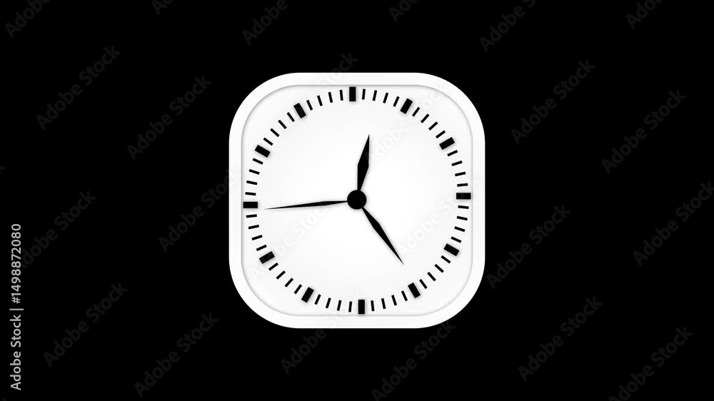 Poster speedy clock animation with rotating hands. minute, second, and hour hands spinning quickly on black