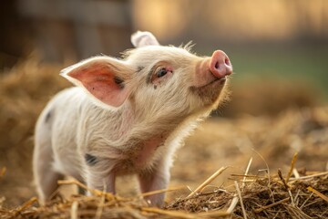Fluffy piglet with a muddy snout explores its surroundings in a farmyard setting