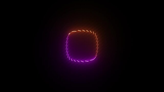 Looped Flickering 3D Animation, Purple and Orange Neon Rotating Round Square Frame with Sawtooth Effects. Abstract Cycled Background