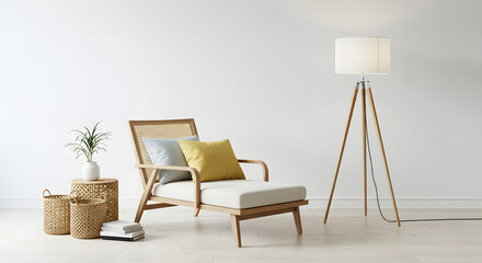 This modern living room interior features a stylish chair, a wooden table, and design furniture in a comfortable home setting