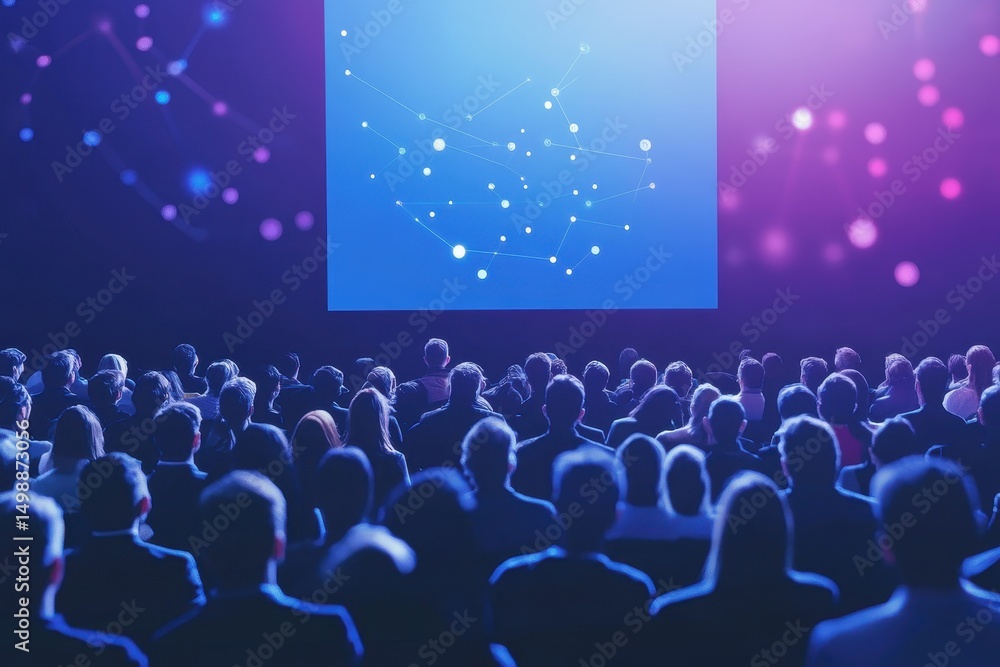 Poster business seminar environment with a focused auditorium crowd observing a large screen displaying abs