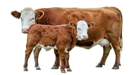 Hereford Mother & Calf: Red & White, Facing Camera, Isolated on White