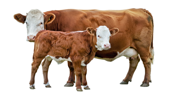 Hereford Mother & Calf: Red & White, Facing Camera, Isolated on White