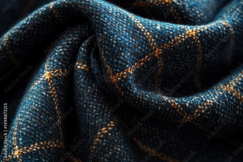 Poster close-up view of woven fabric with intricate patterns and textures showcasing deep blue hues and con