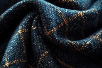 Close-up view of woven fabric with intricate patterns and textures showcasing deep blue hues and contrasting gold threads, perfect for textile designs and fashion applications