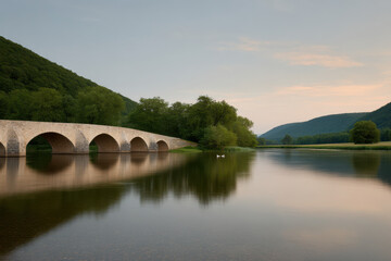 breathtaking sunset over ancient bridge surrounded by lush greenery and rolling hills