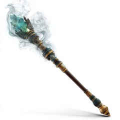 Ornate Magical Staff with Teal Gem and Smoke Fantasy Game Prop or Witchcraft Item