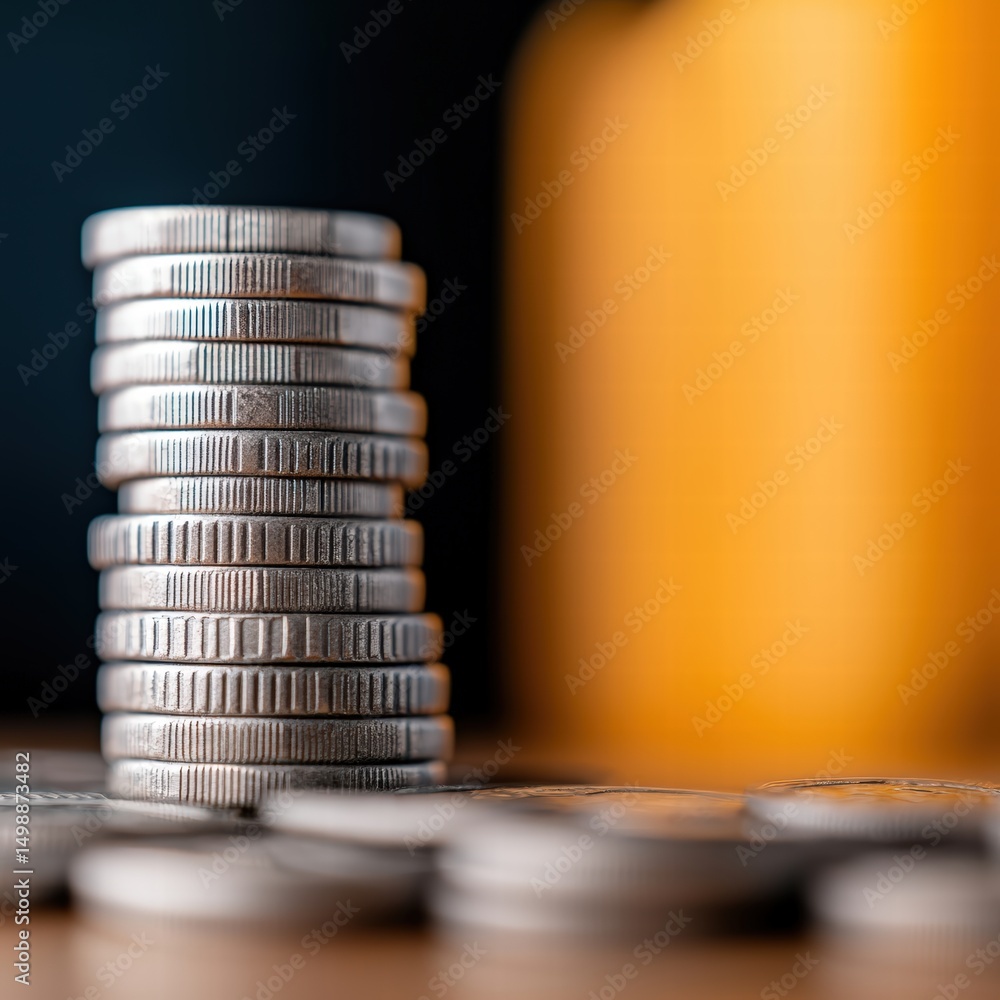 Poster a neatly arranged stack of coins in various denominations displayed on a wooden surface