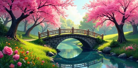 Obraz premium A vibrant springtime scene featuring a charming bridge arching over a tranquil stream, surrounded by blossoming trees and lush greenery , trees, quiet, leaves