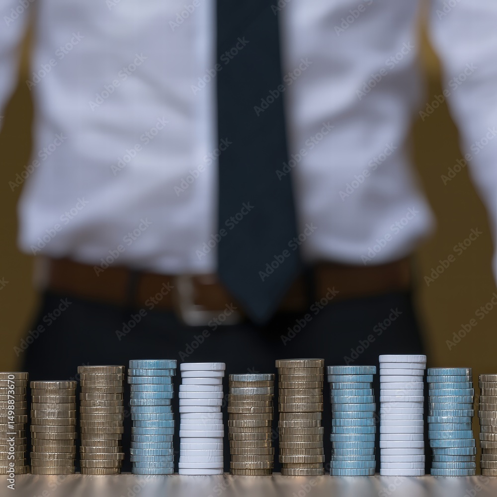 Poster a man standing confidently behind stacks of coins in a financial setting with a serious expression