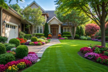 Fototapeta premium Beautiful home exterior with manicured lawn and flower garden