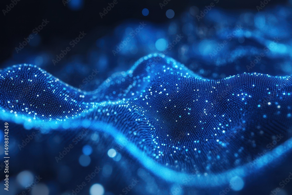 Poster exploration of blue patterns depicting network connections and coded structures in an abstract digit