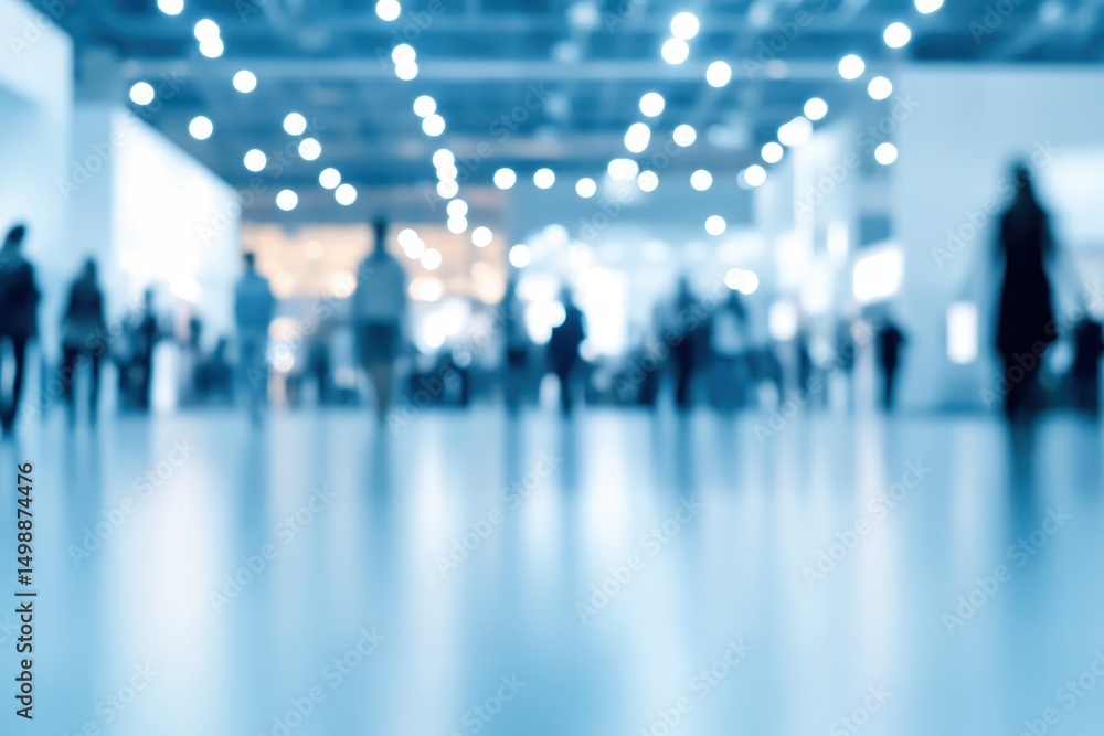 Poster participants navigate through a busy convention center filled with blurred lights and activity durin