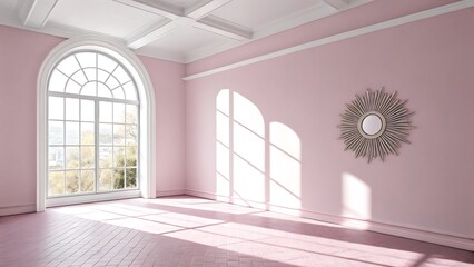 Empty Pink Room with Arch Window Sunlight and Sunburst Mirror