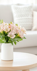 Fototapeta premium A charming, close-up of fresh floral arrangement in vase, infusing a living space with elegance. The setting shows a tranquil living room, conveying freshness and aesthetic appeal.