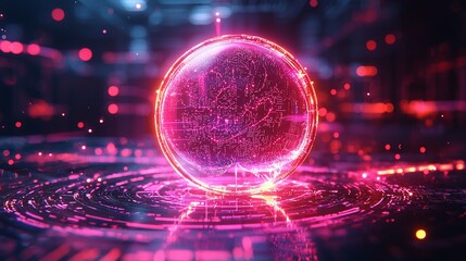 Obraz premium Glowing sphere with intricate internal design rests on a vibrant, circular platform. Surrounded by a futuristic, neon-lit backdrop