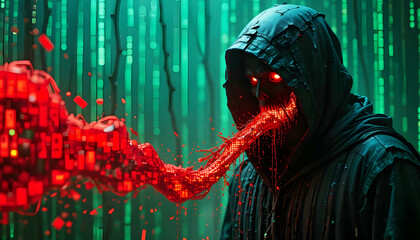 A hacker in a hoodie, representing the threat of cybercrime,Concept of cybersecurity and hacking