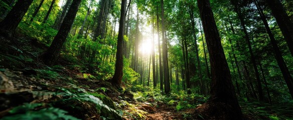 Obraz premium The Serene Forest Bathed in Radiant Sunlight and Lush Greenery