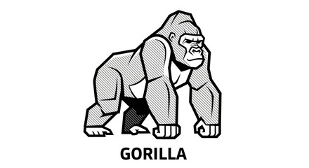 Striking Gorilla Illustration with Bold Outlines and Linear Shading Details