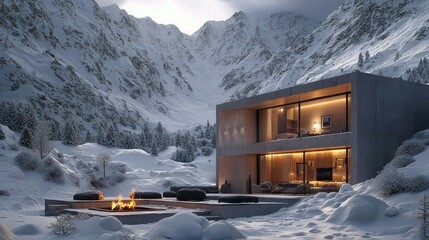 Modern concrete chalet nestled in snowy mountains