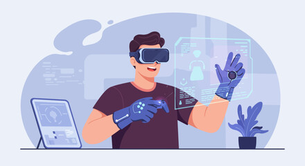 Immersive Virtual Reality Experience Man Interacting with Holographic Interface