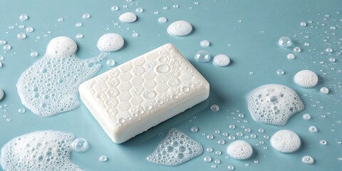 White Soap Bar Surrounded by Lather and Bubbles on a Teal Background