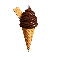 Delicious chocolate ice cream cone with waffle stick, perfect for food photography.