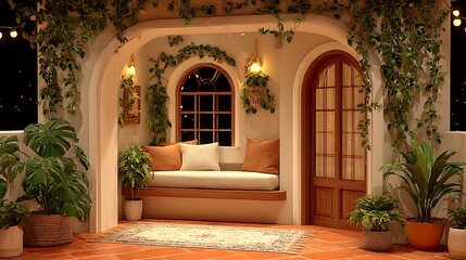 Fototapeta premium Cozy outdoor patio with climbing plants, arched window, and terracotta tiled floor at night